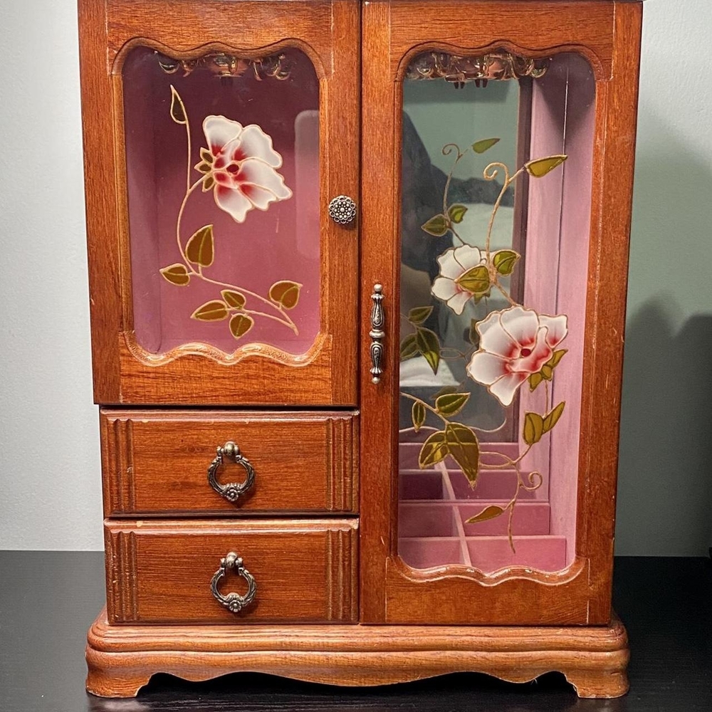 Wooden Jewelry Box with Floral Design